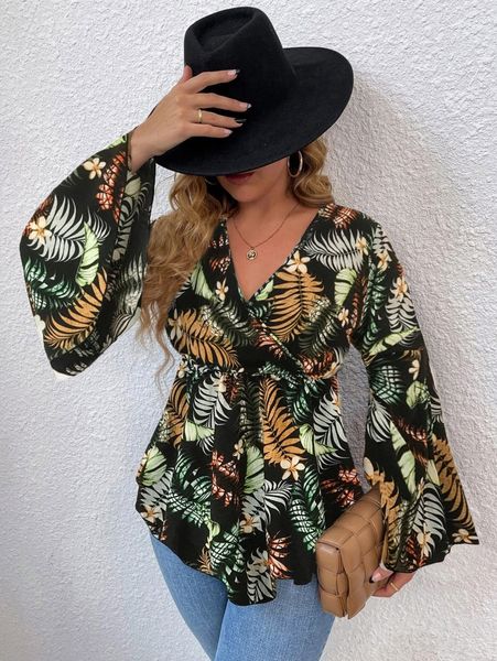 plus tropical print wrap flounce sleeve blouse r6po#, Black