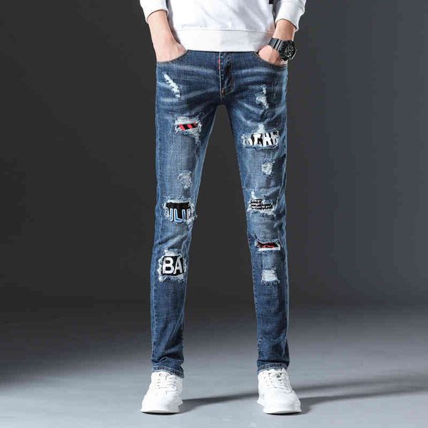 men's with holes and cloth high street printed jeans autumn winter leggings slim fit personalized men's fashion pants, Blue
men's with holes and cloth high street printed jeans autumn winter leggings slim fit personalized men's fashion pants, Blue