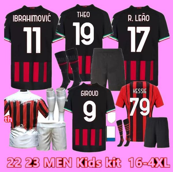 22 23 champions 19 ac milans soccer jerseys 2023 tomori giroud ibrahimovic third home 2022 tonali player version special theo brahim kids fo, Black;yellow