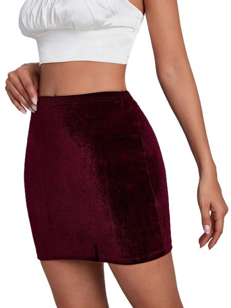 bae solid velvet bodycon skirt b2wc#, Black