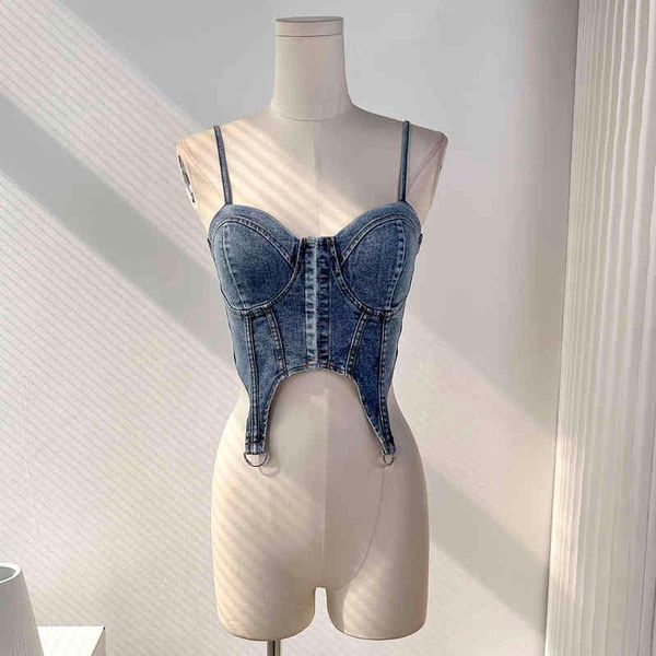 women's tanks camis foreign trade original single european and american girdle denim blue irregular chest strap vest breasted jacket, White
women's tanks camis foreign trade original single european and american girdle denim blue irregular chest strap vest breasted jacket, White