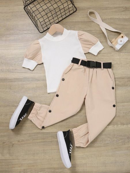 toddler girls colorblock puff sleeve tee & fake button belted pants she01, White
toddler girls colorblock puff sleeve tee & fake button belted pants she01, White