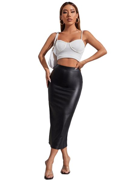 petite solid pu leather bodycon skirt 83ya#, Black 
petite solid pu leather bodycon skirt 83ya#, Black