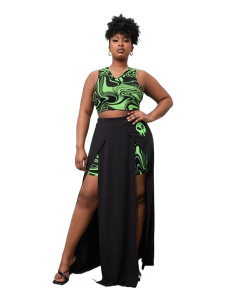 x the modern alien plus graphic print crop tank & wrap hem skirt u8fk#, Black
x the modern alien plus graphic print crop tank & wrap hem skirt u8fk#, Black