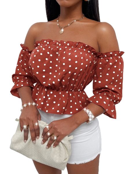 random polka dot frilled off shoulder flounce sleeve peplum blouse o1lv#, White
random polka dot frilled off shoulder flounce sleeve peplum blouse o1lv#, White