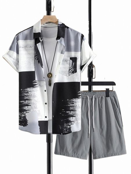 men color block brush print shirt & shorts without tee s0nf#, Gray
men color block brush print shirt & shorts without tee s0nf#, Gray