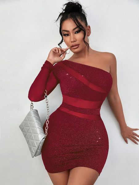 sxy glitter contrast mesh one shoulder dress j0px#, Black;gray