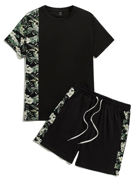men tropical print tee & drawstring waist shorts a5xl#, Gray 
men tropical print tee & drawstring waist shorts a5xl#, Gray