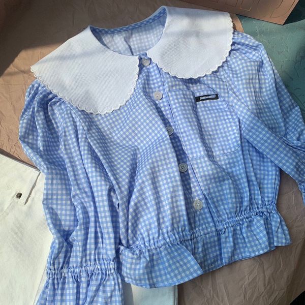 women's t-shirt designer summer 2021 new lovely princess blue plaid baby collar shirt flared sleeve ruffle jm04, White
women's t-shirt designer summer 2021 new lovely princess blue plaid baby collar shirt flared sleeve ruffle jm04, White