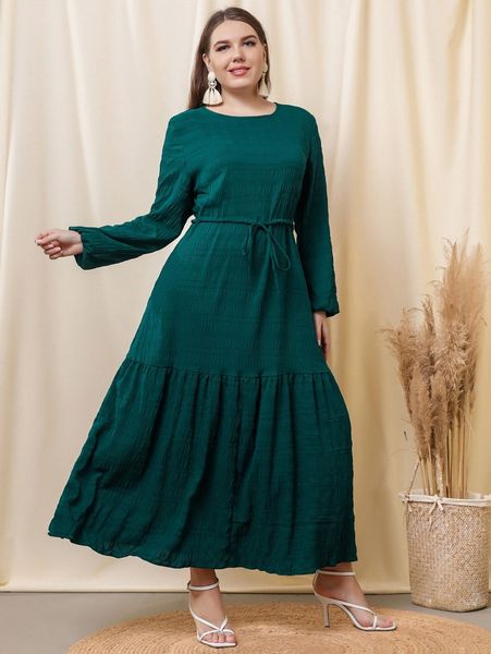 plus solid drawstring waist a-line dress q7go#, Black