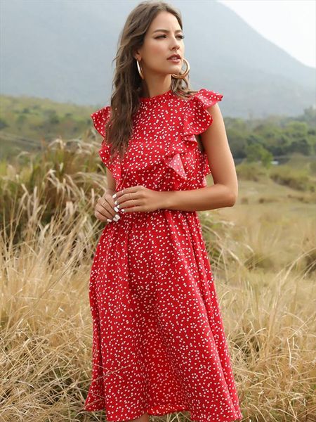 summer ladies elegant dot print chic dress women casual butterfly sleeve ruffles medium long chiffon, Black;gray
summer ladies elegant dot print chic dress women casual butterfly sleeve ruffles medium long chiffon, Black;gray