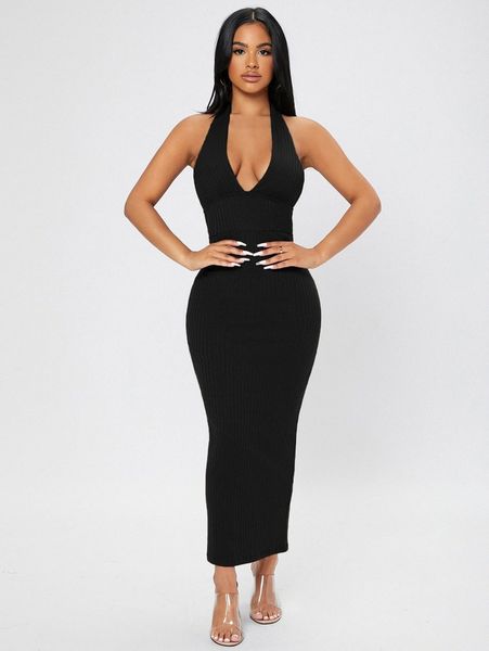 petite ribbed knit tie backless halter bodycon dress d5fq#, Black;gray