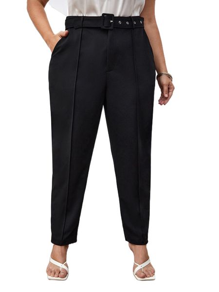 plus press crease eyelet buckled belted tailored pants y1aj#, Black