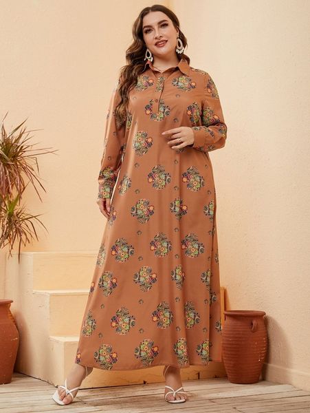 plus floral print polo neck dress without belt q3un#, Black