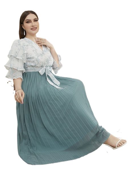 plus embroidered floral pleated maxi dress w6vn#, Black