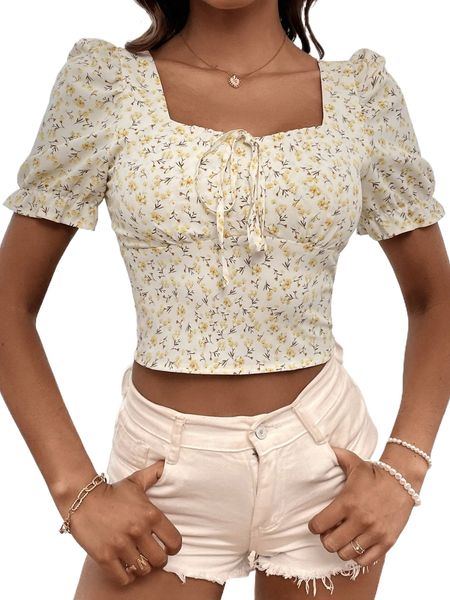 tie neck shirred back ditsy floral l704#, White