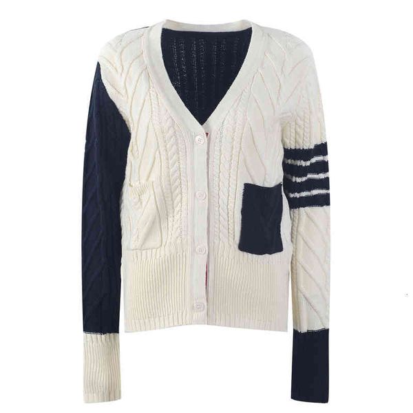 women's knits tees autumn and winter tb color matching thick thread wool sweater cardigan jacket men's same four bar korean versio, White
women's knits tees autumn and winter tb color matching thick thread wool sweater cardigan jacket men's same four bar korean versio, White