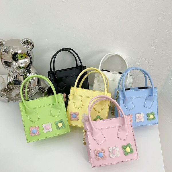 ins kids flowers applique handbags girls square pu leather single shoulder bag fashion children metals chain messenger bags, Black