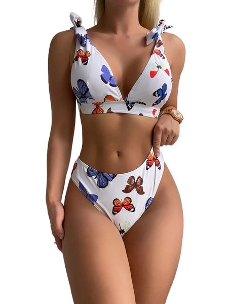 butterfly print knot shoulder bikini swimsuit 59cn#, White;black