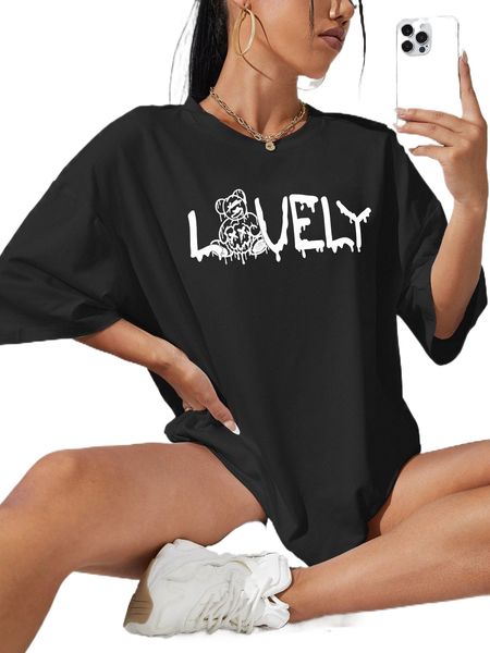 cartoon & letter graphic drop shoulder tee z3il#, White 
cartoon & letter graphic drop shoulder tee z3il#, White