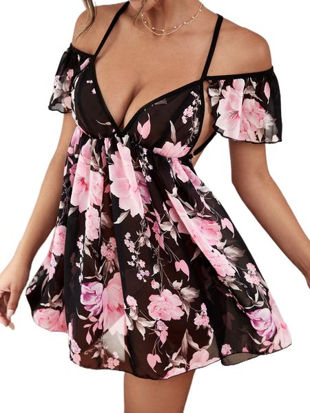 floral print cold shoulder crisscross backless chiffon nightdress w5t1#, Black;red
floral print cold shoulder crisscross backless chiffon nightdress w5t1#, Black;red