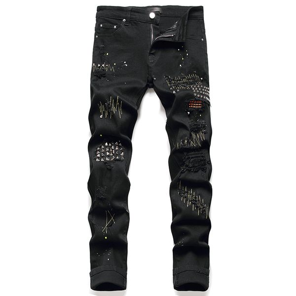mens stretchy ripped rivet jeans new small straight black hole denim pants punk style fashion caual streetwear, Blue
mens stretchy ripped rivet jeans new small straight black hole denim pants punk style fashion caual streetwear, Blue