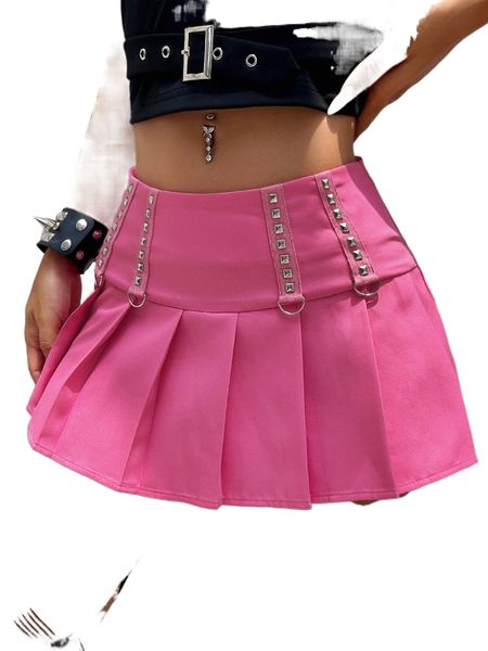 studded & keyring detail pleated skirt 40gt#, Black
