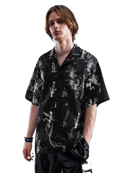 romwe goth guys skeleton & diamond print button front shirt a2ox#, White;black