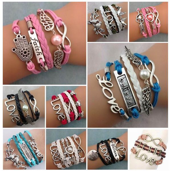 custom mix style infinity love charm bracelets antique multilayer leather bracelets for women jewelry, Golden;silver
custom mix style infinity love charm bracelets antique multilayer leather bracelets for women jewelry, Golden;silver