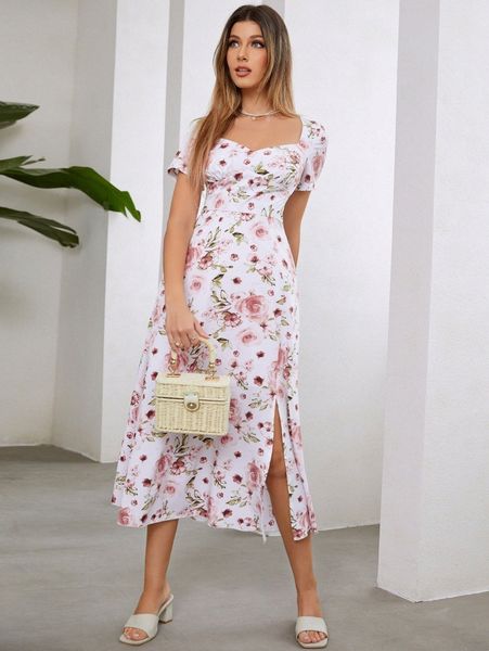 floral print cut out shirred back split thigh dress z2by#, Black;gray