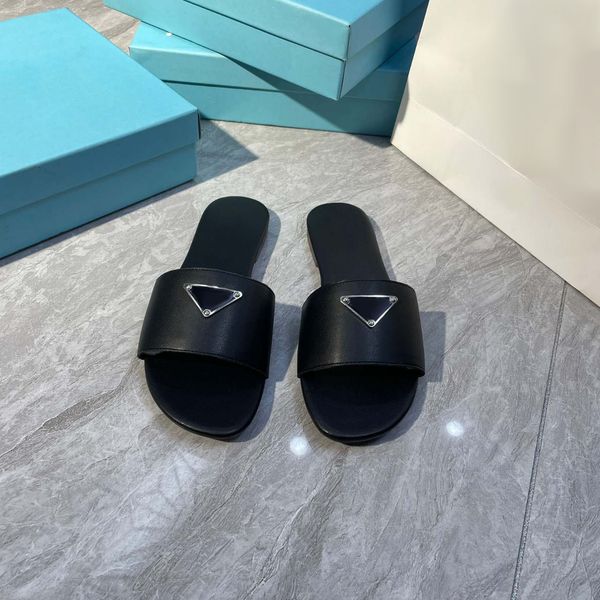 designer beach scuffs classic flat woman slipper summer lady slide triangle mark slippers brushed leather women slides, Black
designer beach scuffs classic flat woman slipper summer lady slide triangle mark slippers brushed leather women slides, Black