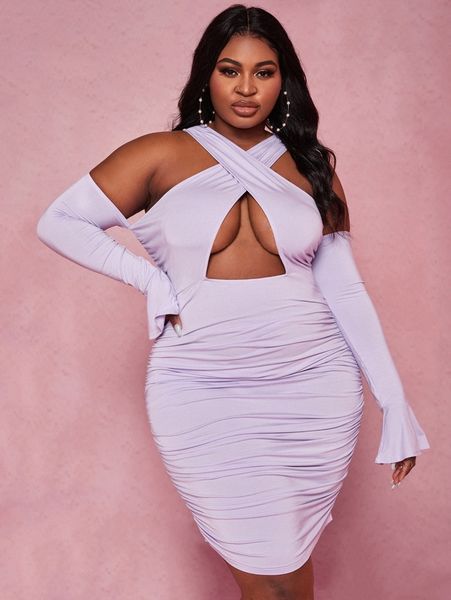 sxy plus flounce sleeve criss cross bodycon dress q96t#, Black
sxy plus flounce sleeve criss cross bodycon dress q96t#, Black