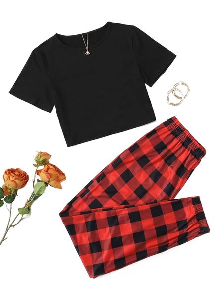 crop tee with gingham print pants pajama set p6hl#, Black;red