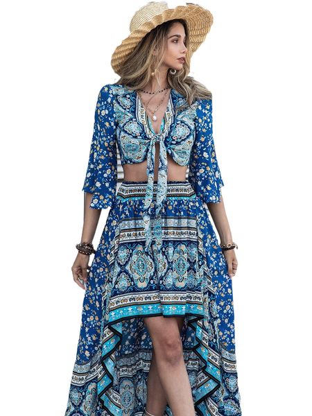 rusttydustty floral print flounce sleeve crop & high low hem skirt x7lf#, White