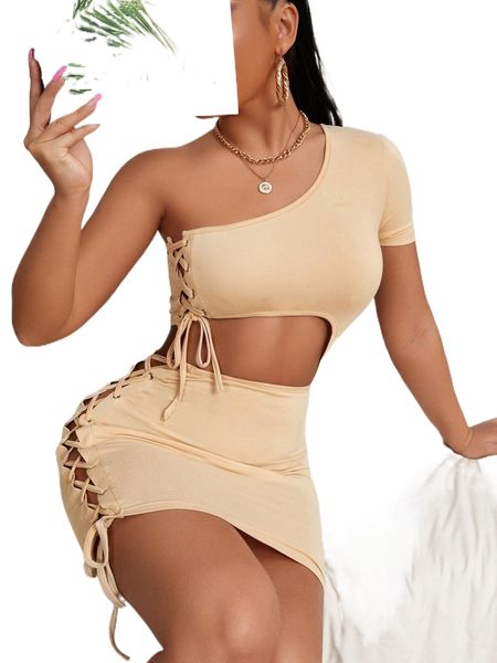 sxy one shoulder lace up side cut out bodycon dress l3yx#, Black;gray 
sxy one shoulder lace up side cut out bodycon dress l3yx#, Black;gray