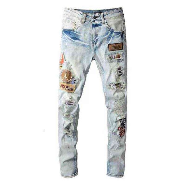 men's jeans old embroidered patch damaged jeans young men's light slim elastic leggings, Blue
men's jeans old embroidered patch damaged jeans young men's light slim elastic leggings, Blue