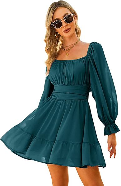 women's & tees lace-up long sleeves square collar pleated dress elastic waist casual mini dress, White
women's & tees lace-up long sleeves square collar pleated dress elastic waist casual mini dress, White