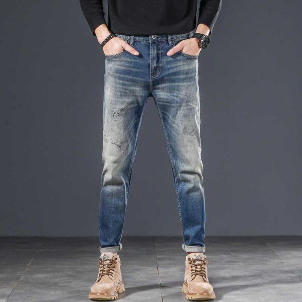 pierced jeans men's straight pants spring and autumn high-end regular made of old fashion brand, Blue
pierced jeans men's straight pants spring and autumn high-end regular made of old fashion brand, Blue