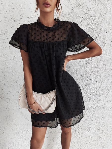 swiss dot butterfly sleeve frill neck chiffon dress x5ar#, Black;gray
swiss dot butterfly sleeve frill neck chiffon dress x5ar#, Black;gray