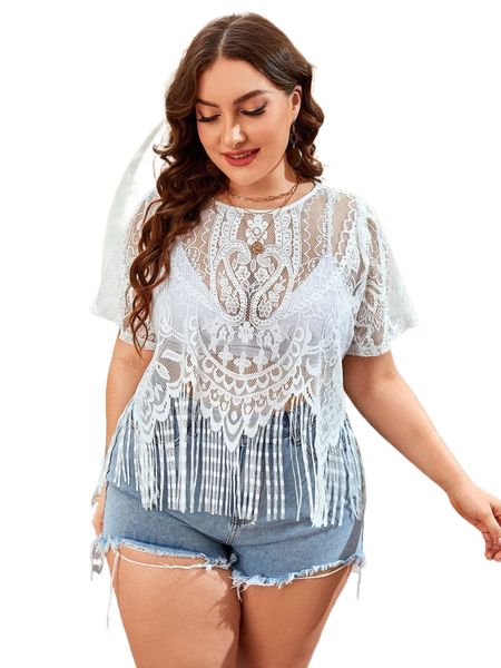 plus sheer fringe hem lace u6j5#, Black