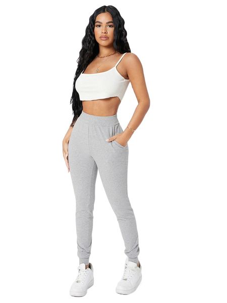 petite slant pocket solid joggers t8im#, Black;white