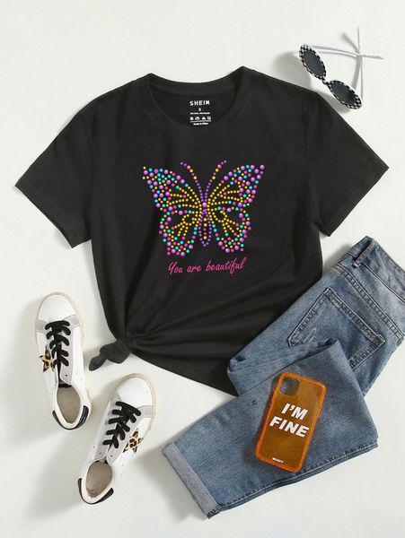 slogan and butterfly print tee 24sq#, White
slogan and butterfly print tee 24sq#, White