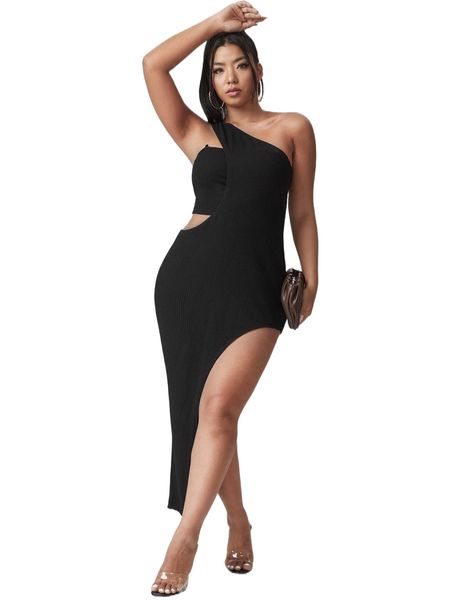 x yelly gray plus one shoulder cutout waist split thigh dress j9nb#, Black
