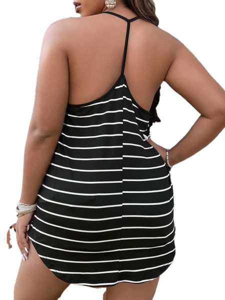 plus striped print halter w5nd#, Black