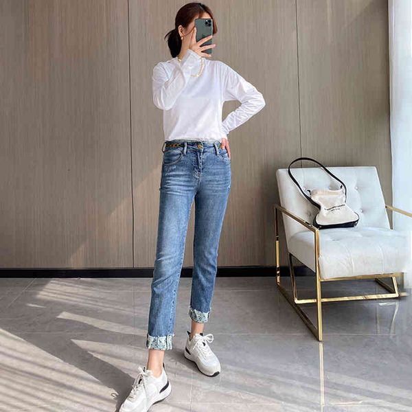 women's jeans printed lining metal buckle decoration high waist slim straight pants elastic jeans women, Blue
women's jeans printed lining metal buckle decoration high waist slim straight pants elastic jeans women, Blue