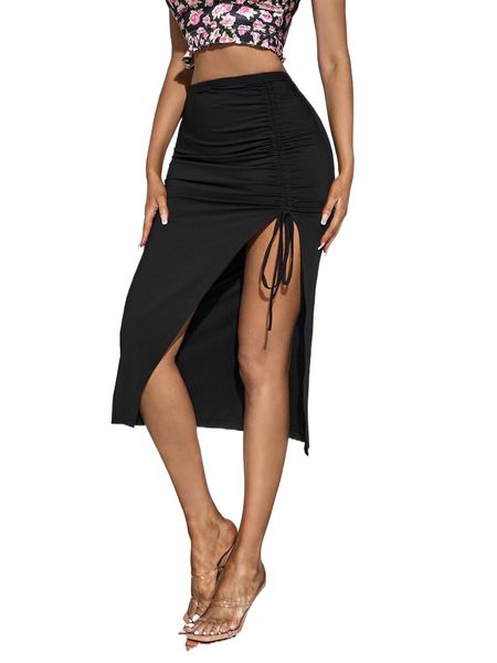 drawstring ruched split thigh skirt p1xp#, Black