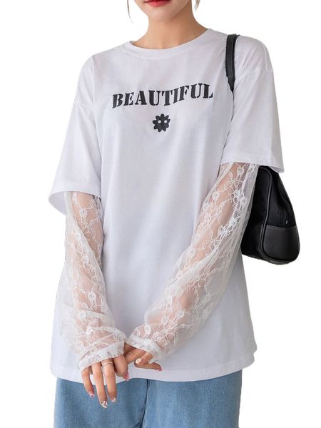 dazy contrast lace letter print tee 96xm#, White
dazy contrast lace letter print tee 96xm#, White