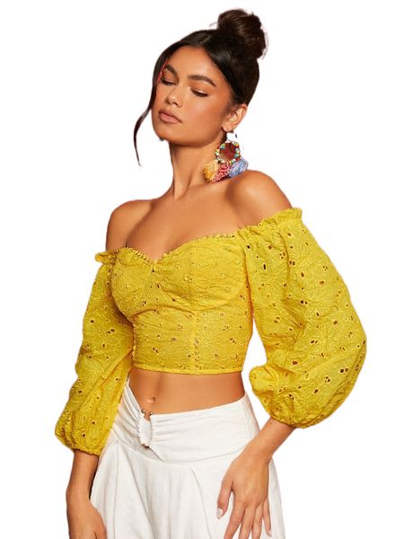 off shoulder lace up back lantern sleeve crop schiffy blouse d248#, White
off shoulder lace up back lantern sleeve crop schiffy blouse d248#, White