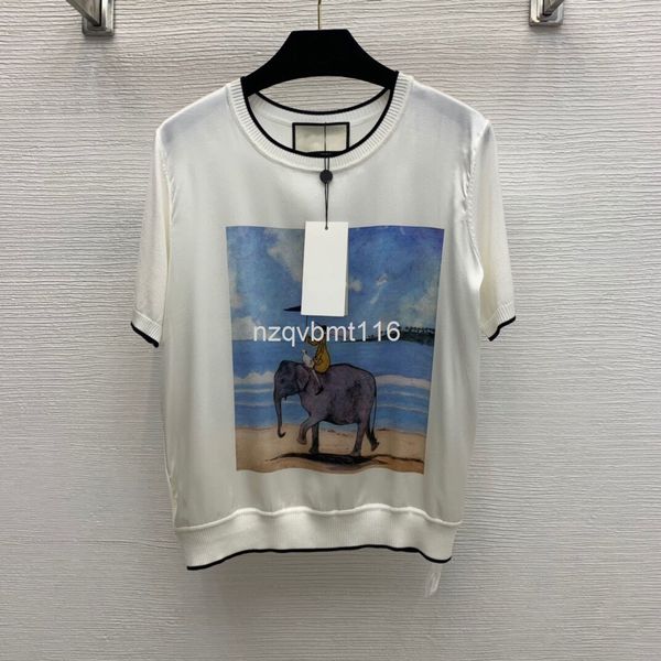 women's t-shirt summer picture frame figure umbrella riding elephant printed front silk elastic satin stitched back knitted top, White
women's t-shirt summer picture frame figure umbrella riding elephant printed front silk elastic satin stitched back knitted top, White