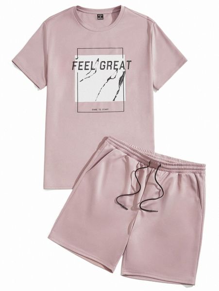 men slogan & graphic print tee and drawstring waist shorts x4yc#, Gray